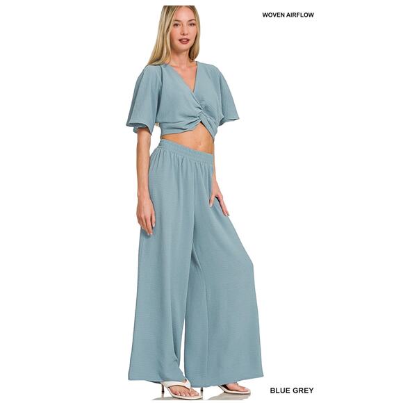 Zenana Outfitters Pants - Zenana - Woven Airflow Twisted Top & Wide Leg Pants Set - Medium